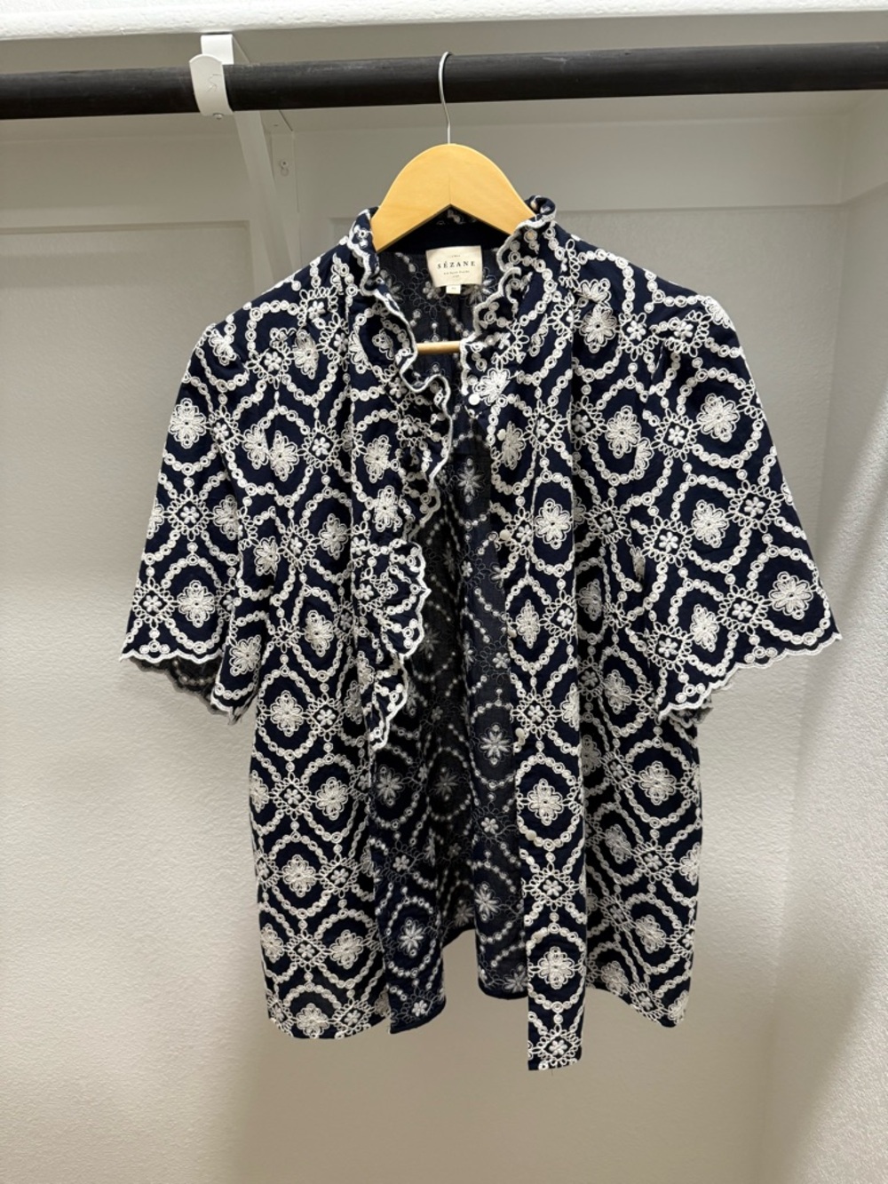Sezane Navy & White Embroidered Dalhia Shirt